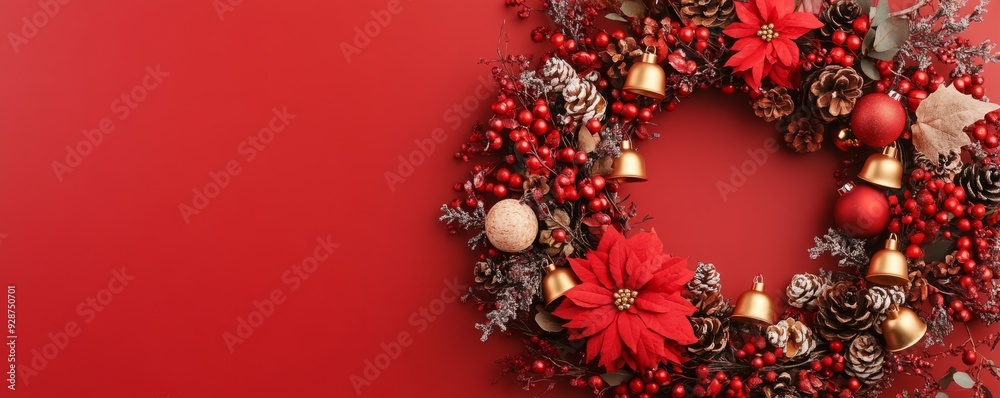 Festive Christmas Wreath on Red Background: A classic Christmas wreath adorned with red poinsettias, pine cones, bells, and ornaments, set against a vibrant red backdrop. A perfect holiday decoration Festive Christmas Wreath on Red Background: A classic Christmas wreath adorned with red poinsettias, pine cones, bells, and ornaments, set against a vibrant red backdrop. A perfect holiday decoration