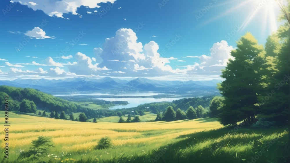 Obraz premium Glade near the forest background in anime style in bright colors, blue sunny sky, AI generated