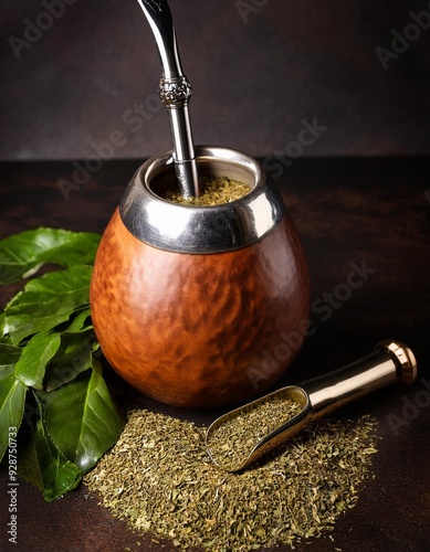  A still-life composition of a mate gourd, bombilla, and loose yerba mate leaves on a dark badground - argentinian drink photo