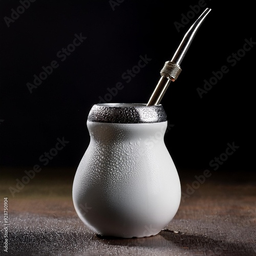  A still-life composition of a mate gourd, bombilla, and loose yerba mate leaves on a dark badground - argentinian drink photo