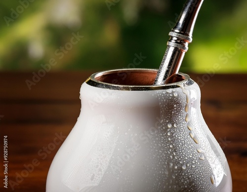  A still-life composition of a mate gourd, bombilla, and loose yerba mate leaves on a dark badground - argentinian drink photo