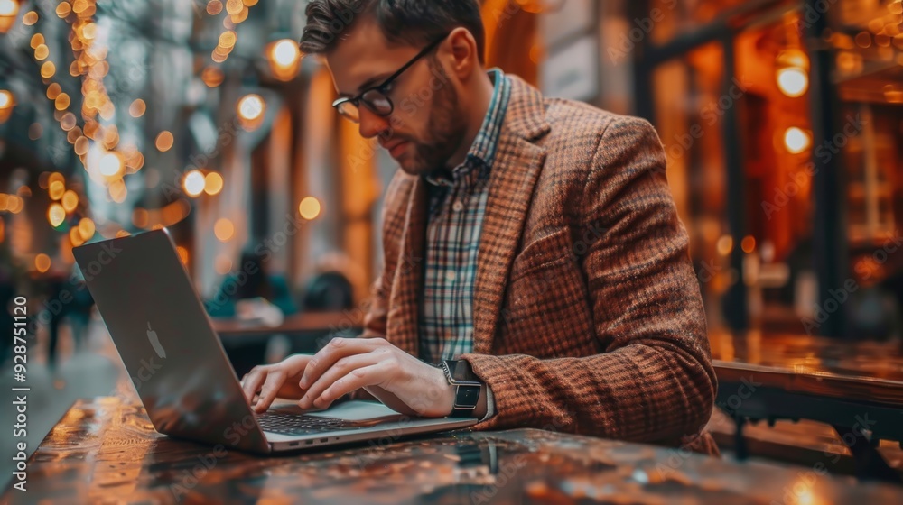 A man works on his laptop at a cozy outdoor café during the evening with ambient lighting and city vibes A man works on his laptop at a cozy outdoor café during the evening with ambient lighting and city vibes