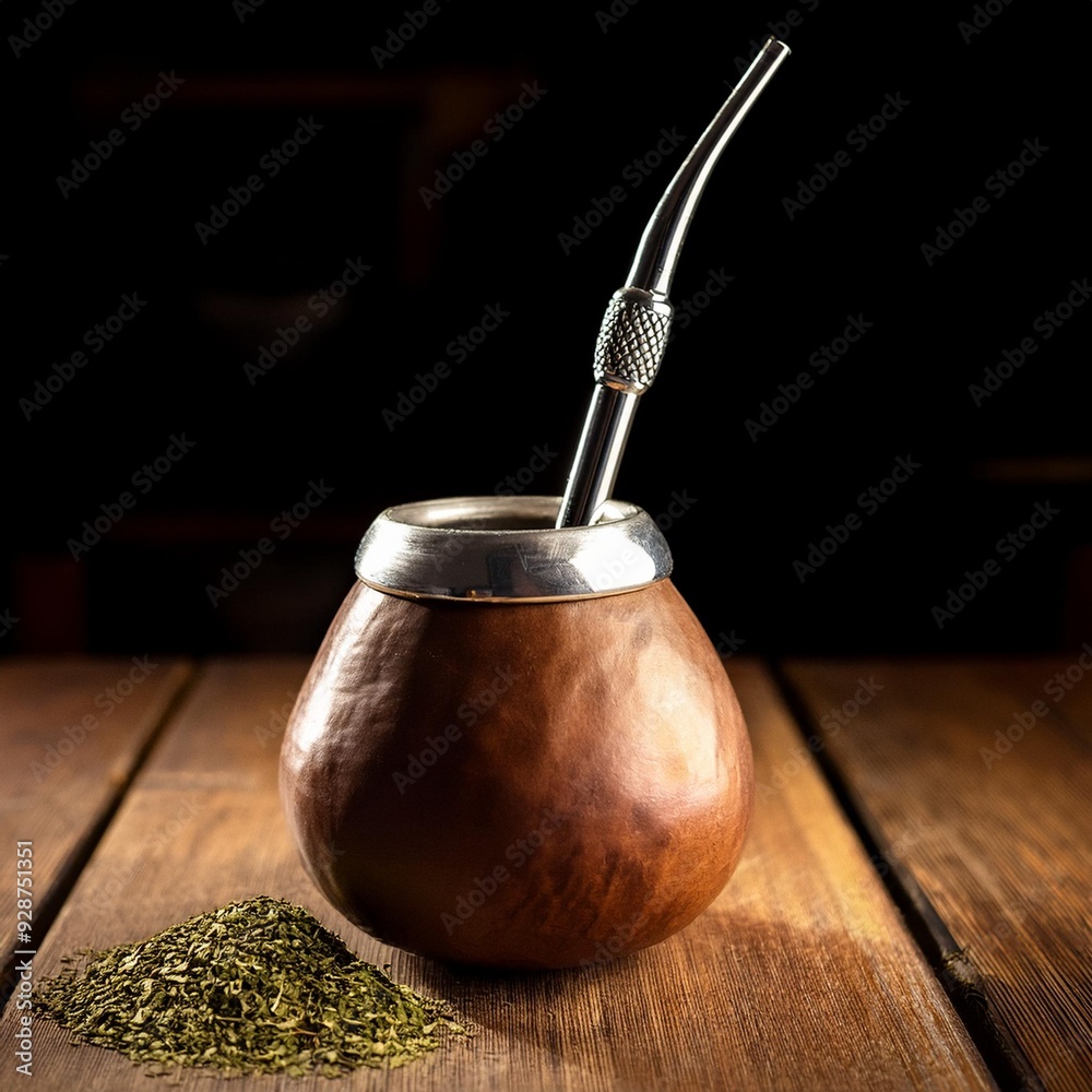 A traditional Argentine mate gourd filled with yerba mate, placed on a rustic wooden table with bomilla A traditional Argentine mate gourd filled with yerba mate, placed on a rustic wooden table with bomilla