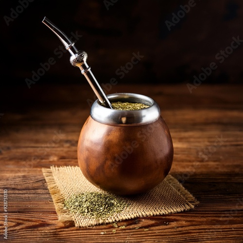 A traditional Argentine mate gourd filled with yerba mate, placed on a rustic wooden table with bomilla
