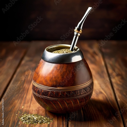 A traditional Argentine mate gourd filled with yerba mate, placed on a rustic wooden table with bomilla