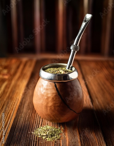 A traditional Argentine mate gourd filled with yerba mate, placed on a rustic wooden table with bomilla