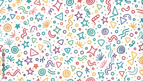 Joyful Doodles Seamless Pattern: A whimsical and vibrant seamless pattern featuring a playful array of hand-drawn doodles in a cheerful color palette. 