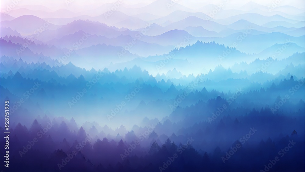 Misty Mountain Serenity: A breathtaking panoramic view of a mountain range shrouded in ethereal mist, evoking a sense of peace and tranquility. The soft hues of blue and purple create a calming atmosp Misty Mountain Serenity: A breathtaking panoramic view of a mountain range shrouded in ethereal mist, evoking a sense of peace and tranquility. The soft hues of blue and purple create a calming atmosp