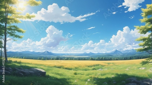 Glade near the forest background in anime style in bright colors, blue sunny sky, AI generated