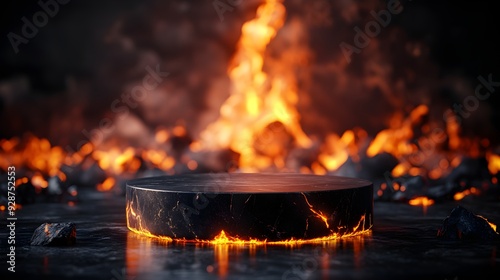 Wallpaper Mural 3D rendering of a sleek black stone podium with fiery lava flowing behind, creating a dramatic product display Torontodigital.ca