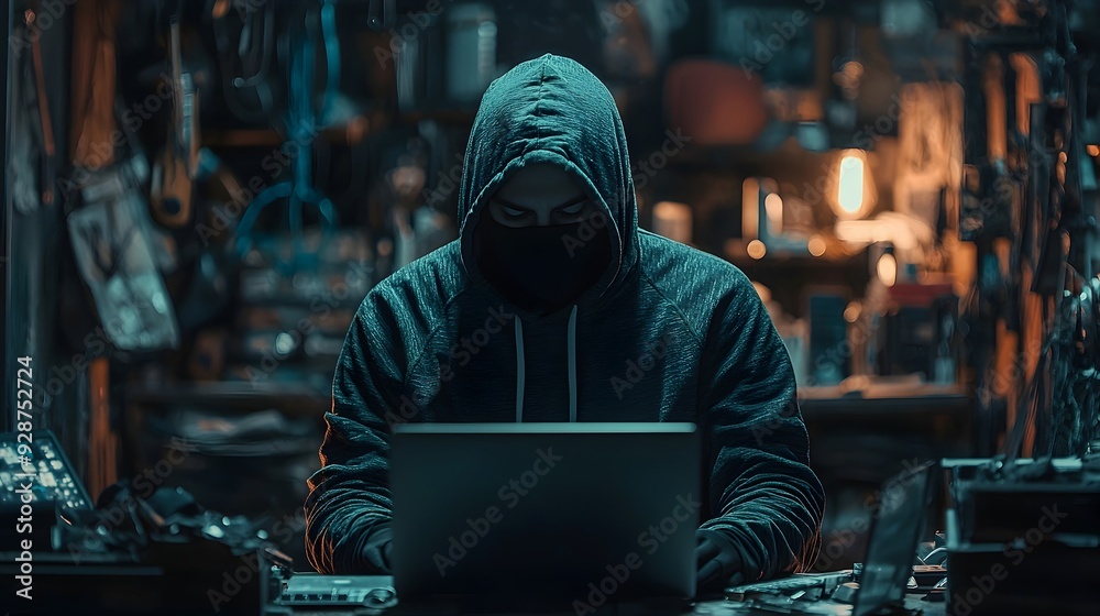 Hacker Working on Laptop in Dark Room. Hacker Working on Laptop in Dark Room.
