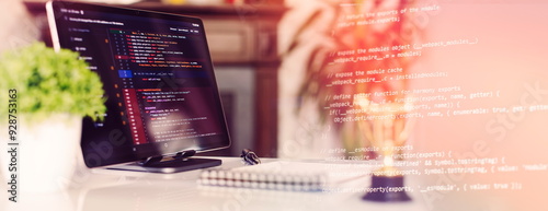 Programmer's program code on a computer screen. Web development and coding concept. photo