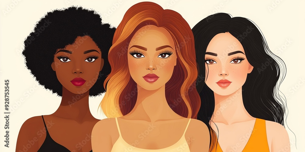 Three beautiful women with different skin colors together. African, latin and caucasian girls stand side by side. Sisterhood and females friendship. illustration for Women's Day, Generative AI Three beautiful women with different skin colors together. African, latin and caucasian girls stand side by side. Sisterhood and females friendship. illustration for Women's Day, Generative AI