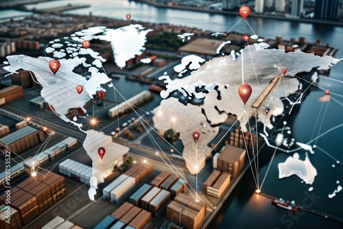 Global Logistics Network: Sunset Over Container Terminal with World Map and Location Pins - A symbol of international trade and efficient supply chain management. 