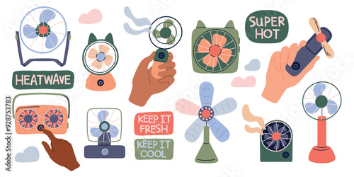 Set of modern portable fan. Stickers with table fan and hand electric fan in different types. Cooling and fresh air in hot summer weather. Flat vector illustration collection isolated on background