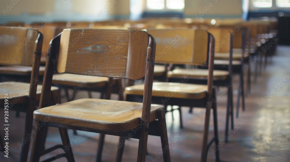Rows of empty wooden chairs in an old classroom awaiting students in the afternoon light Rows of empty wooden chairs in an old classroom awaiting students in the afternoon light