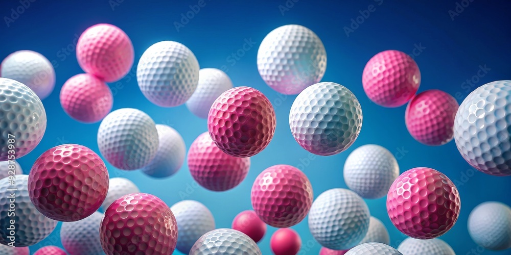 Fototapeta premium Pink and White Golf Balls in Motion, 3D Render, Blue Background, Golf, Sport, Recreation , Texture