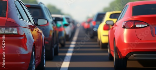 Wallpaper Mural A vibrant scene of cars lined up on a busy road, showcasing modern vehicles in various colors under bright sunlight. Torontodigital.ca