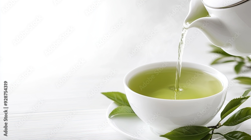 A teapot pours fresh green tea with visible loose leaves into a porcelain cup, creating a serene moment of tea preparation in a simple, bright setting A teapot pours fresh green tea with visible loose leaves into a porcelain cup, creating a serene moment of tea preparation in a simple, bright setting