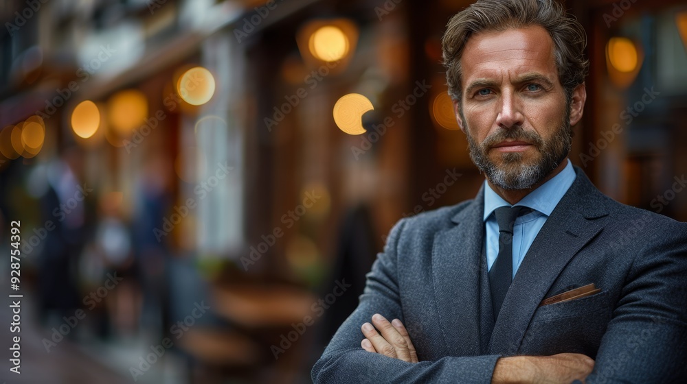 Confident man in formal attire stands outside a bustling cafe during early evening in an urban setting Confident man in formal attire stands outside a bustling cafe during early evening in an urban setting