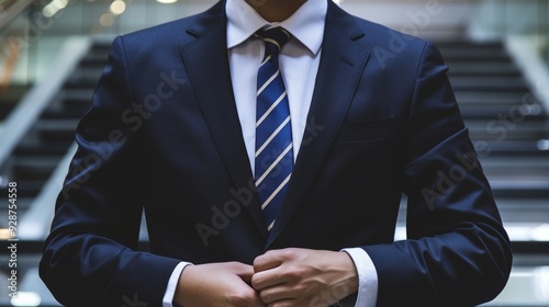 A businessman adjusting his suit jacket in an office building during the day