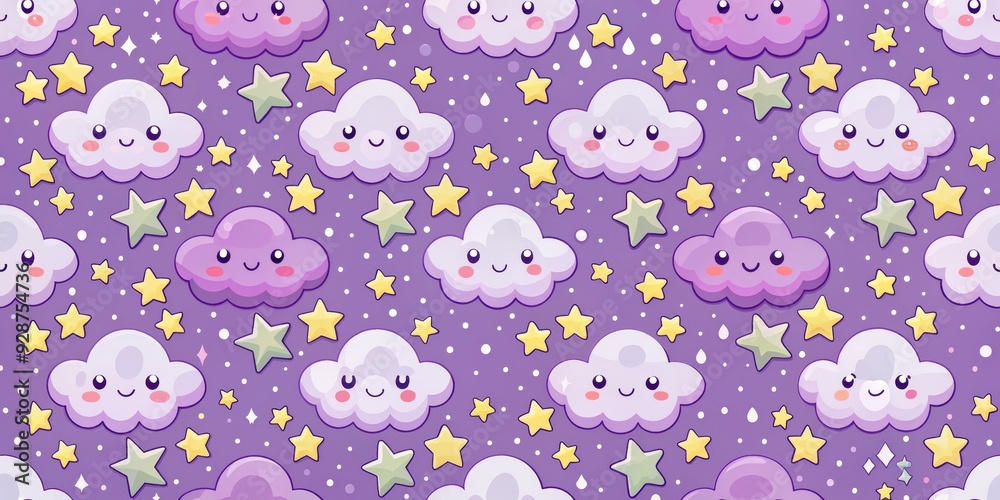 Purple Night Sky with Cute Clouds and Stars, pattern , kawaii , seamless , cloud , stars Purple Night Sky with Cute Clouds and Stars, pattern , kawaii , seamless , cloud , stars