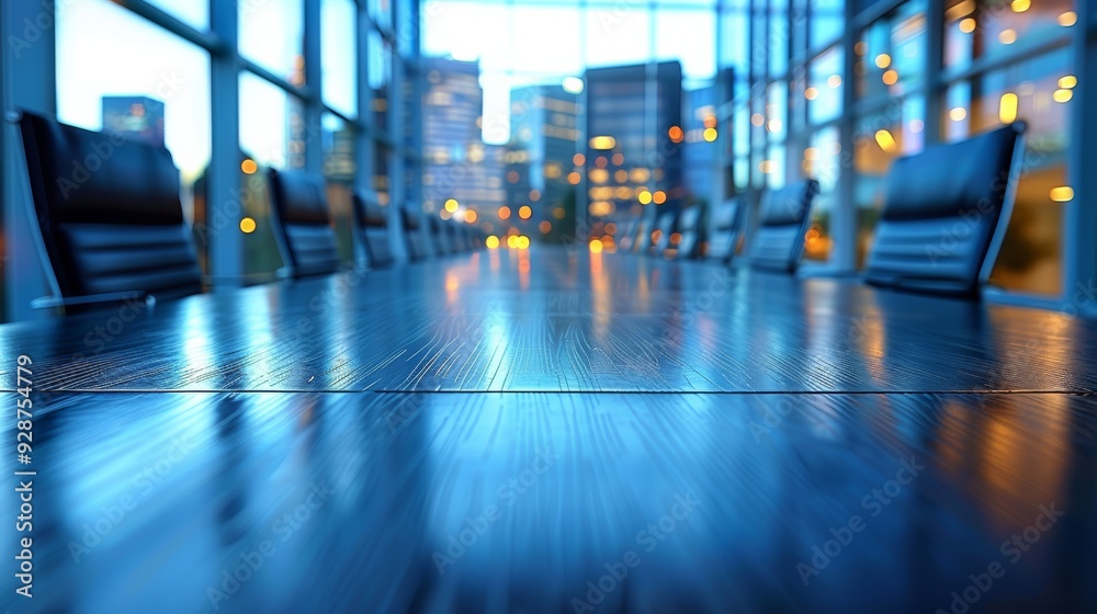 Modern conference room with a long table and city skyline view during twilight Modern conference room with a long table and city skyline view during twilight