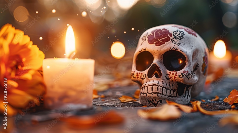 A skull is sitting on a table next to a candle A skull is sitting on a table next to a candle