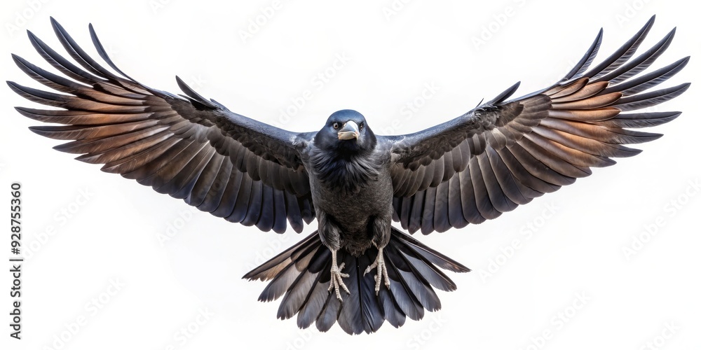Naklejka premium Raven in Flight Wings Spread Wide, Black Feathers, Isolated on White Background, Bird, Raven, Feathers, Flight