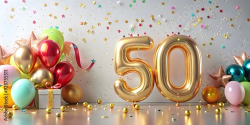 Stock photo of a festive 50th birthday celebration, birthday, party, fifty, milestone, happy, balloons, decorations, cake, candles photo