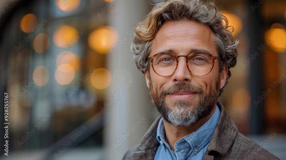 Man with curly gray hair and glasses smiling outside a café during the day Man with curly gray hair and glasses smiling outside a café during the day