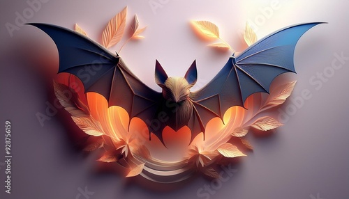 A stunning paper art bat with intricate wing designs and vibrant colors, surrounded by delicate leaves for a creative touch. photo