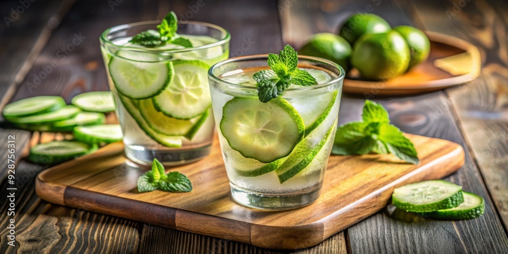 Refreshing Cucumber and Mint Infused Water, Glassware, Wooden Cutting Board, Refreshment, Hydration ,Cucumber, Mint Refreshing Cucumber and Mint Infused Water, Glassware, Wooden Cutting Board, Refreshment, Hydration ,Cucumber, Mint