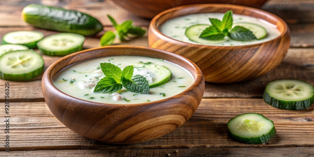 Refreshing Cucumber and Mint Soup in Wooden Bowls, cucumber, soup, summer, greek Refreshing Cucumber and Mint Soup in Wooden Bowls, cucumber, soup, summer, greek