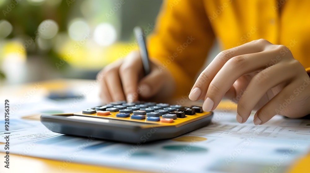 An adult person either a man or a woman sitting at a desk and using a calculator to manage their personal finances and budget effectively The image conveys the concepts of financial planning An adult person either a man or a woman sitting at a desk and using a calculator to manage their personal finances and budget effectively The image conveys the concepts of financial planning