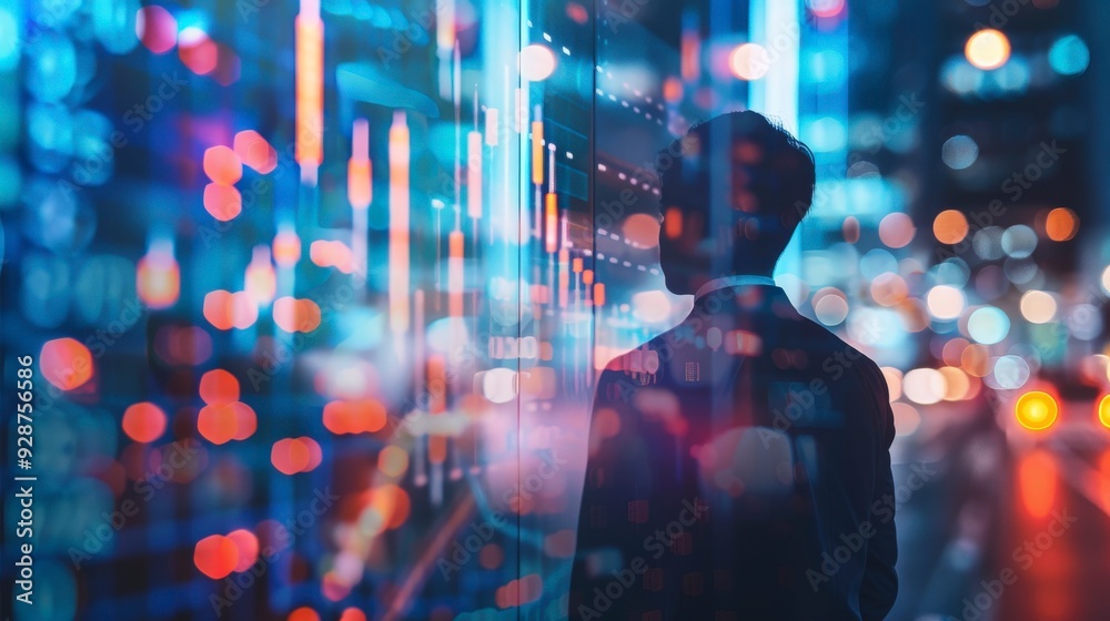 A silhouette of a man standing in front of a large screen with data and a blurry city lights background. A silhouette of a man standing in front of a large screen with data and a blurry city lights background.
