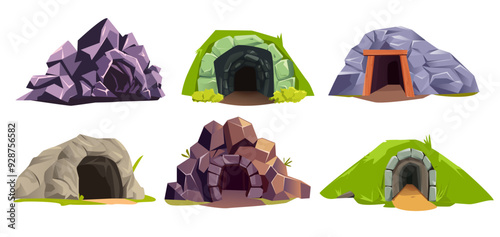 Set of stone cave entrance. Landscape elements with natural tunnels and mines in rocks and mountains. Dark grotto, hole in cliffs. Cartoon vector illustration collection isolated on white background