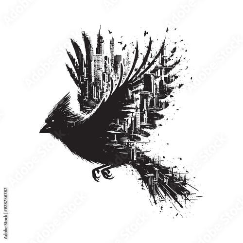 silhouette of Cardinal filled with destroyed futuristic dystopia environment in rough drawing
