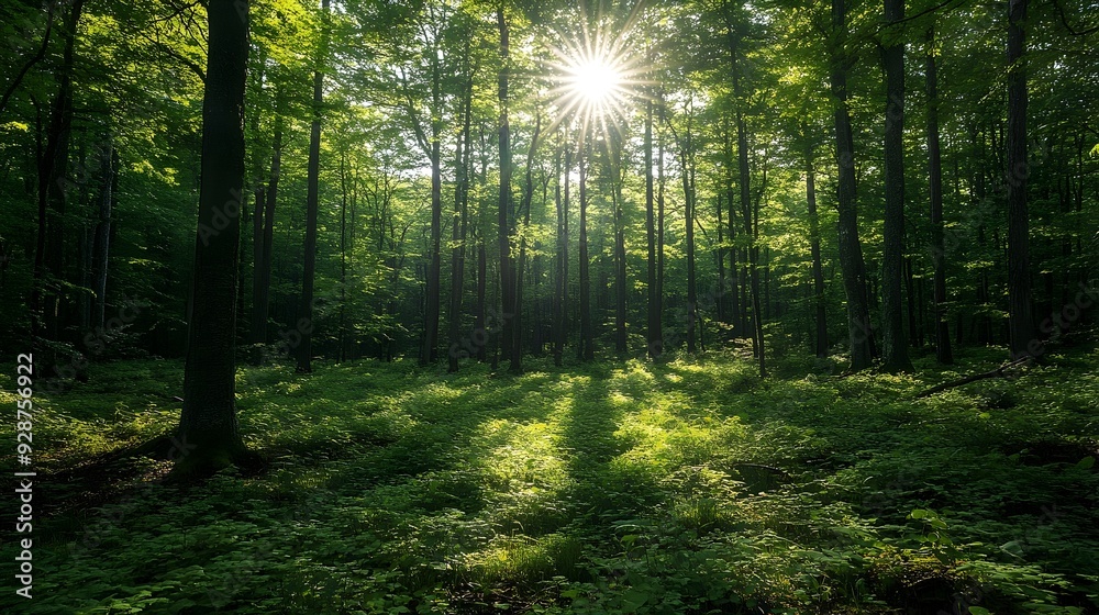 Fototapeta premium Lush Green Forest with Sunlight Filtering Through Verdant Canopy Illuminating a Serene and Peaceful Natural Landscape