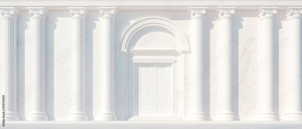 A row of white classical columns framing an arched doorway. Neoclassical architecture of facade features Ionic-style pillars and a symmetrical design. Generative AI A row of white classical columns framing an arched doorway. Neoclassical architecture of facade features Ionic-style pillars and a symmetrical design. Generative AI