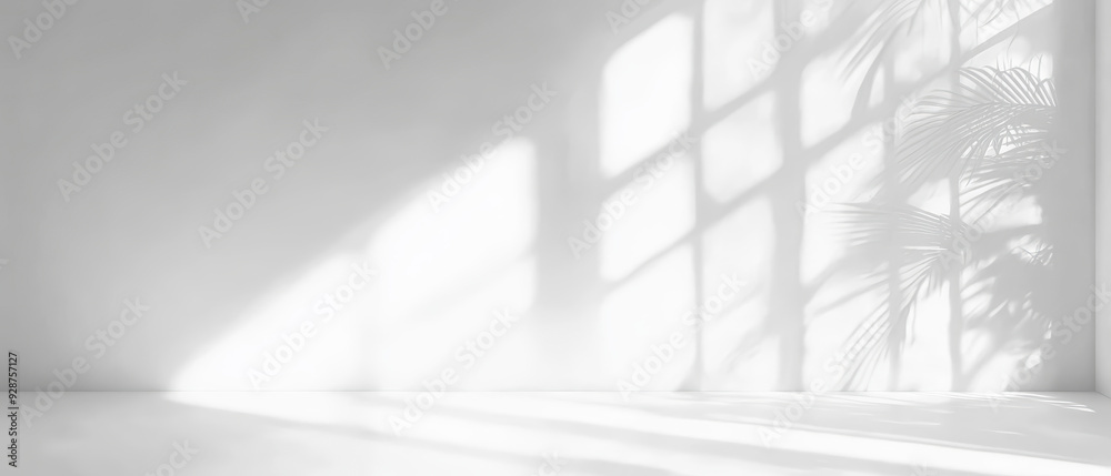 Obraz premium a white wall with a large window. Sunlight is streaming through the window, casting the shadow of a palm leaf onto the wall. Generative AI