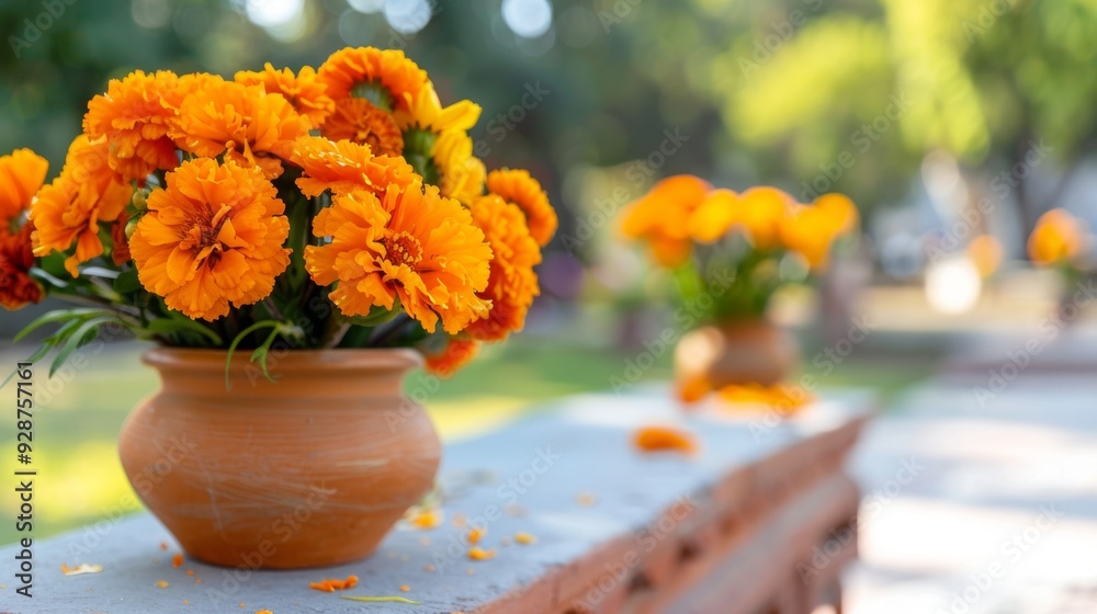 A vase of orange flowers sits on a stone wall A vase of orange flowers sits on a stone wall