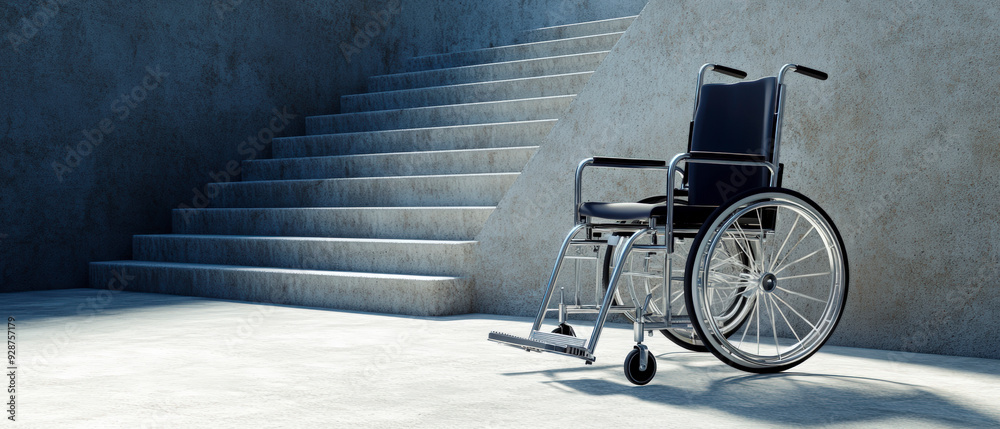 An empty wheelchair is positioned at the bottom of a flight of concrete stairs, highlighting accessibility challenges. Generative AI illustration An empty wheelchair is positioned at the bottom of a flight of concrete stairs, highlighting accessibility challenges. Generative AI illustration