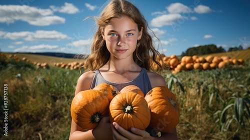  girl holding armful of pumpkins  photo