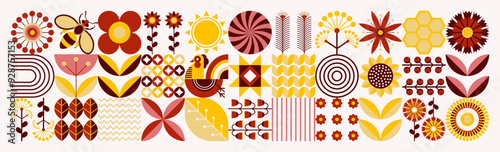 Ukrainian rural floral sweet pattern. Scandinavian style. Beekeeping, bees, honey, honeycombs, beehives, rooster, nectar, flowers. Geometric background. Positive summer illustration.