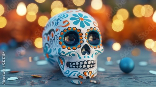 A skull with blue and orange paint on it is sitting on table