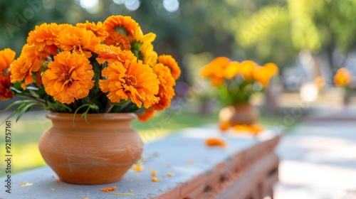 Wallpaper Mural A vase of orange flowers sits on a stone wall Torontodigital.ca