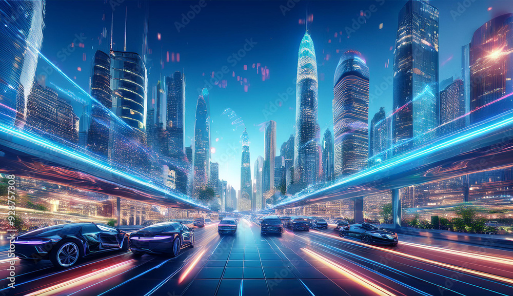 Futuristic City with Hovering Cars and Neon Skyscrapers Futuristic City with Hovering Cars and Neon Skyscrapers