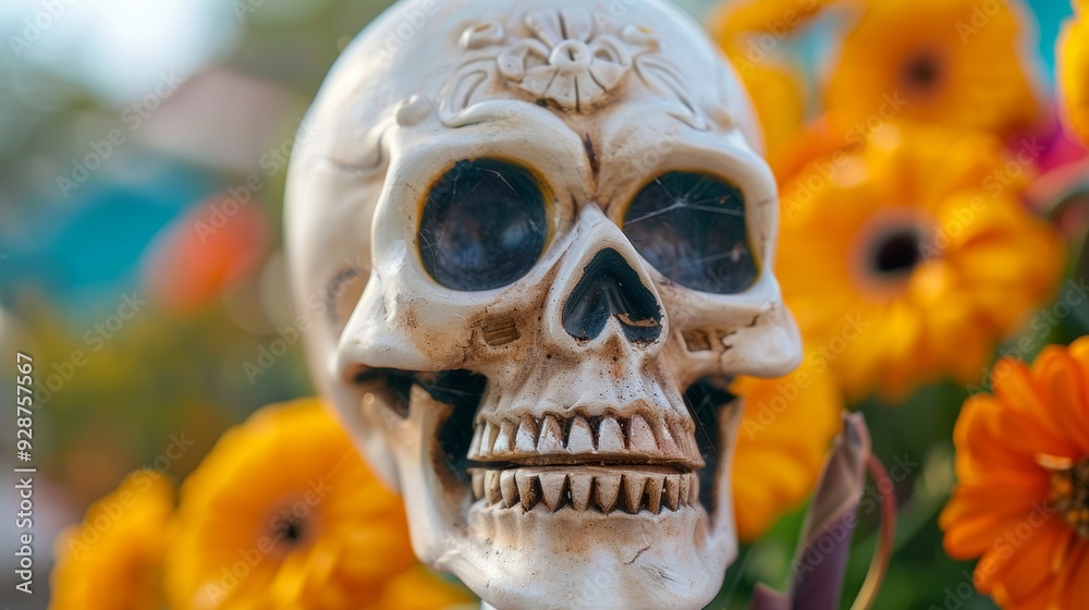 A white skull is placed in front of a bunch of orange flowers A white skull is placed in front of a bunch of orange flowers