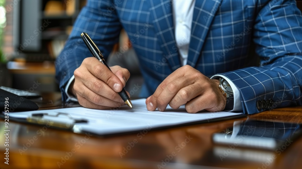 Business professional writing on paperwork at a desk with a smartphone nearby in a modern office setting Business professional writing on paperwork at a desk with a smartphone nearby in a modern office setting